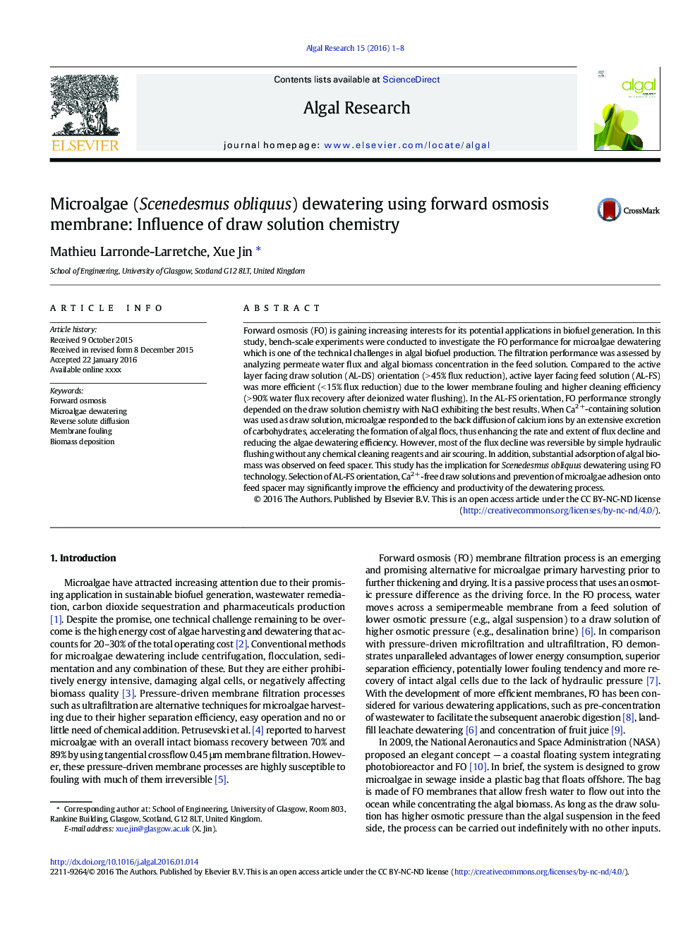 Microalgae (Scenedesmus obliquus) dewatering using forward osmosis membrane: Influence of draw solution chemistry