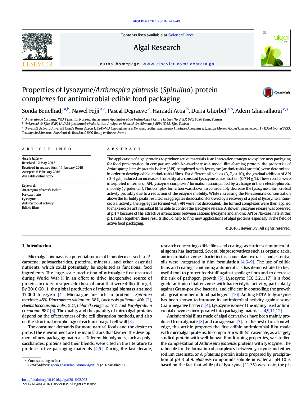 Properties of lysozyme/Arthrospira platensis (Spirulina) protein complexes for antimicrobial edible food packaging