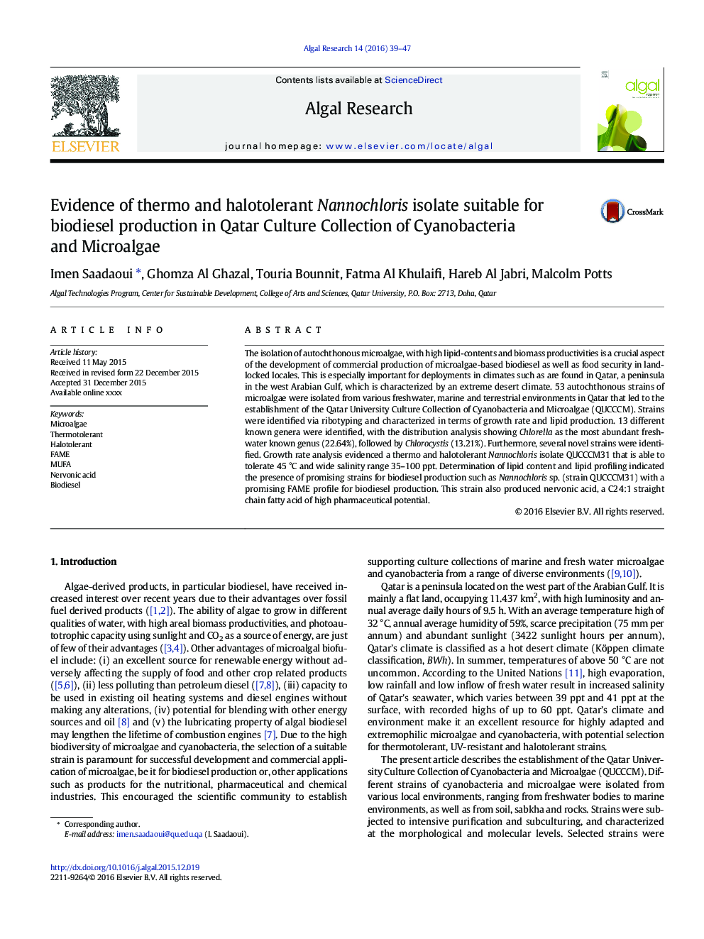 Evidence of thermo and halotolerant Nannochloris isolate suitable for biodiesel production in Qatar Culture Collection of Cyanobacteria and Microalgae