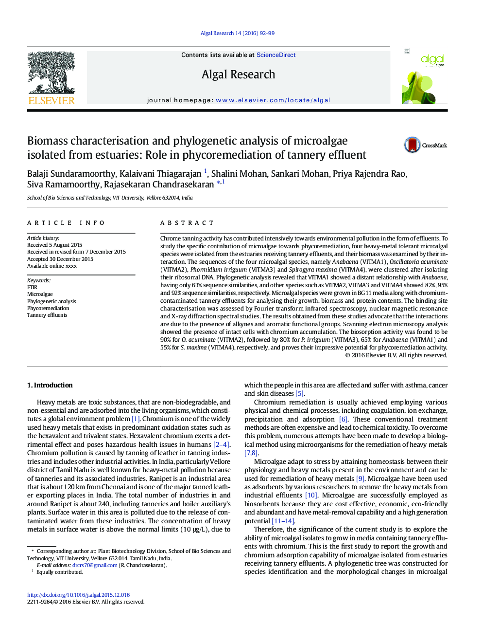 Biomass characterisation and phylogenetic analysis of microalgae isolated from estuaries: Role in phycoremediation of tannery effluent