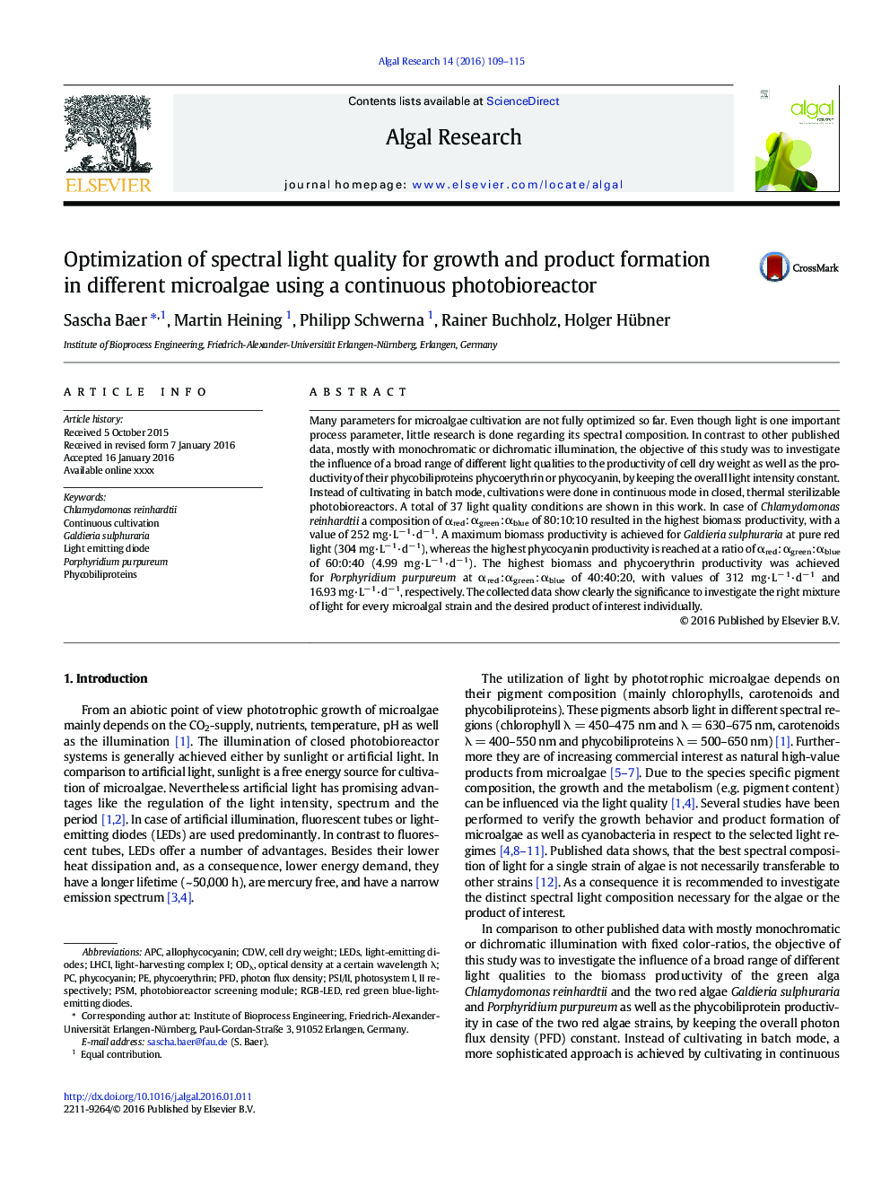 Optimization of spectral light quality for growth and product formation in different microalgae using a continuous photobioreactor