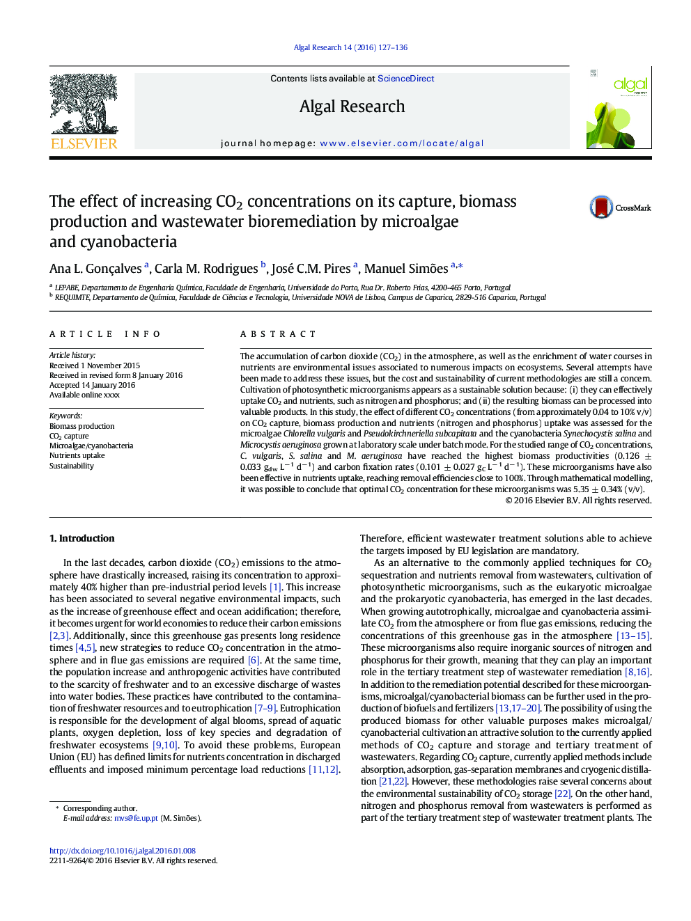 The effect of increasing CO2 concentrations on its capture, biomass production and wastewater bioremediation by microalgae and cyanobacteria