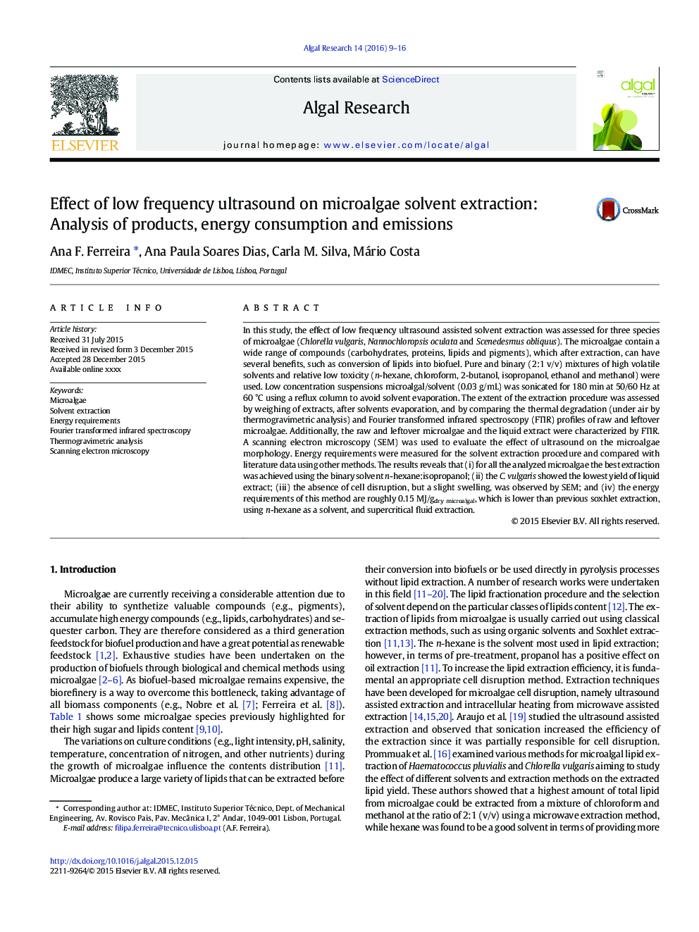 Effect of low frequency ultrasound on microalgae solvent extraction: Analysis of products, energy consumption and emissions