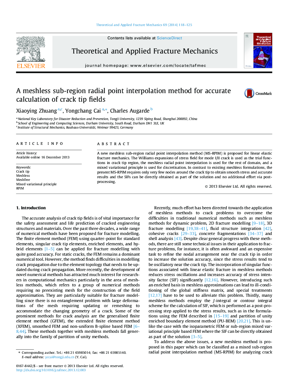 A meshless sub-region radial point interpolation method for accurate calculation of crack tip fields