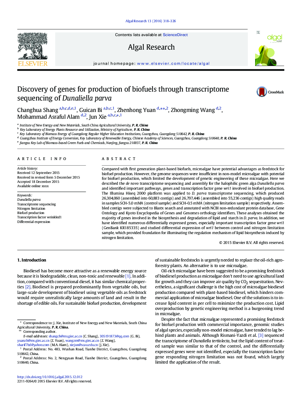 Discovery of genes for production of biofuels through transcriptome sequencing of Dunaliella parva