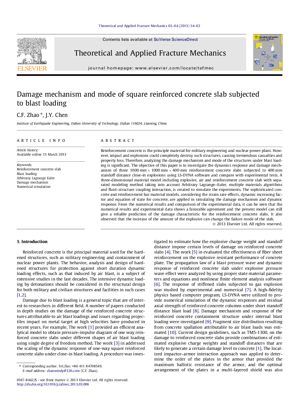 Damage mechanism and mode of square reinforced concrete slab subjected to blast loading