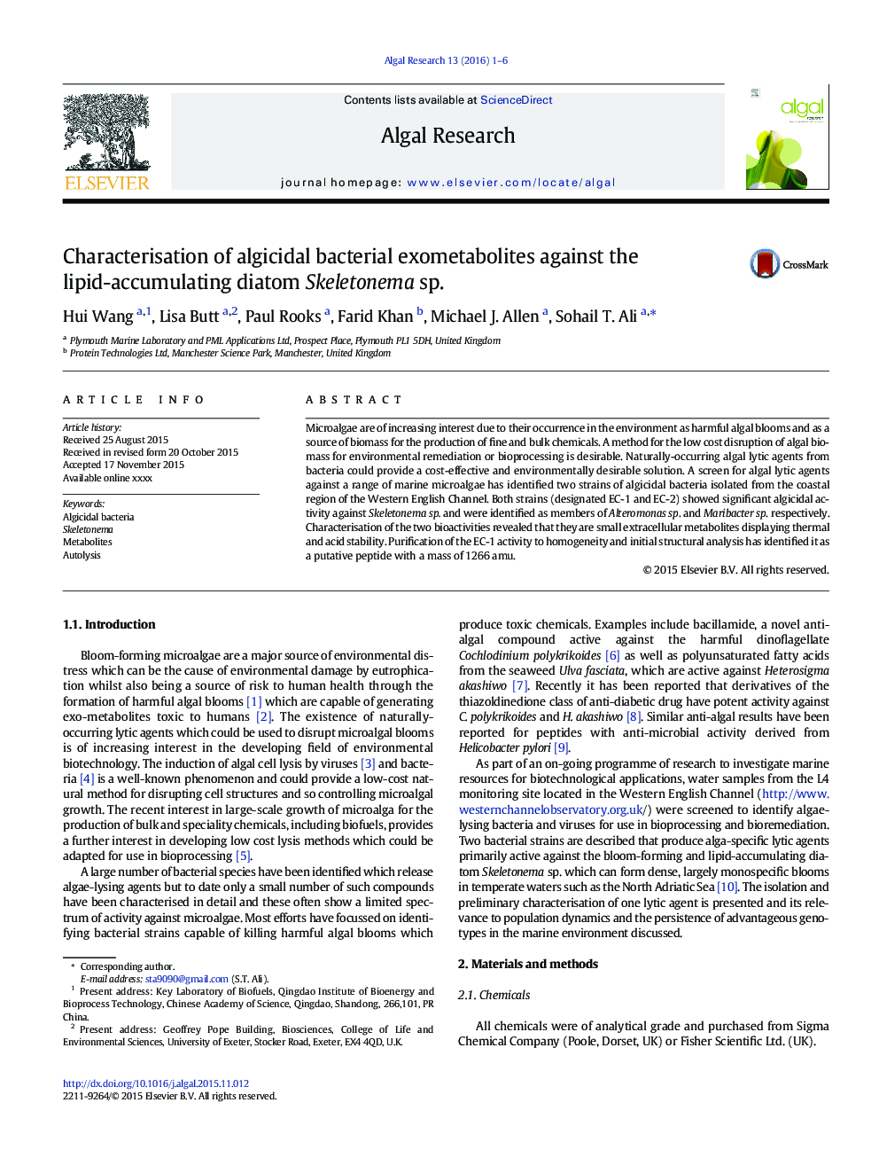 Characterisation of algicidal bacterial exometabolites against the lipid-accumulating diatom Skeletonema sp.