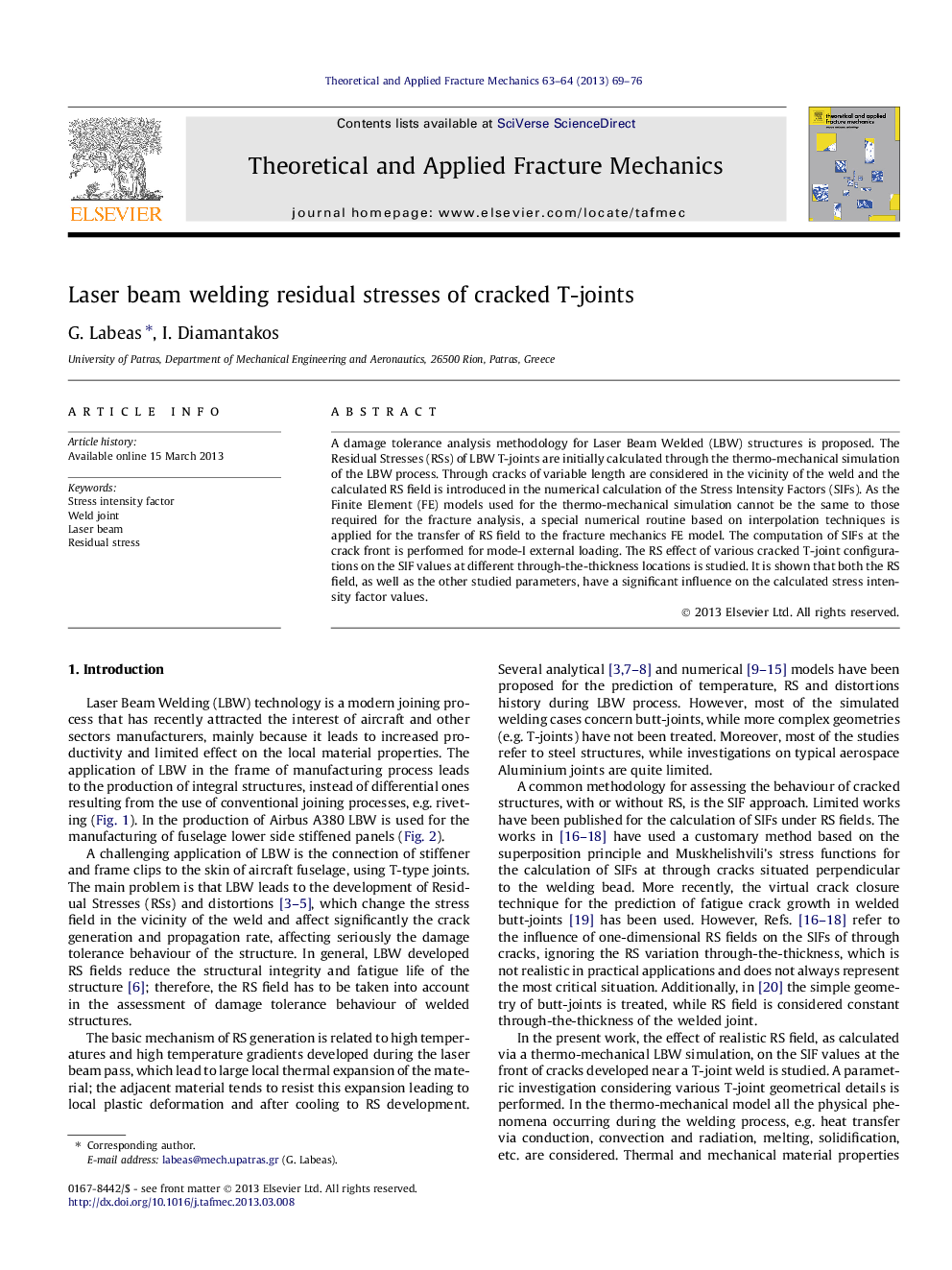 Laser beam welding residual stresses of cracked T-joints