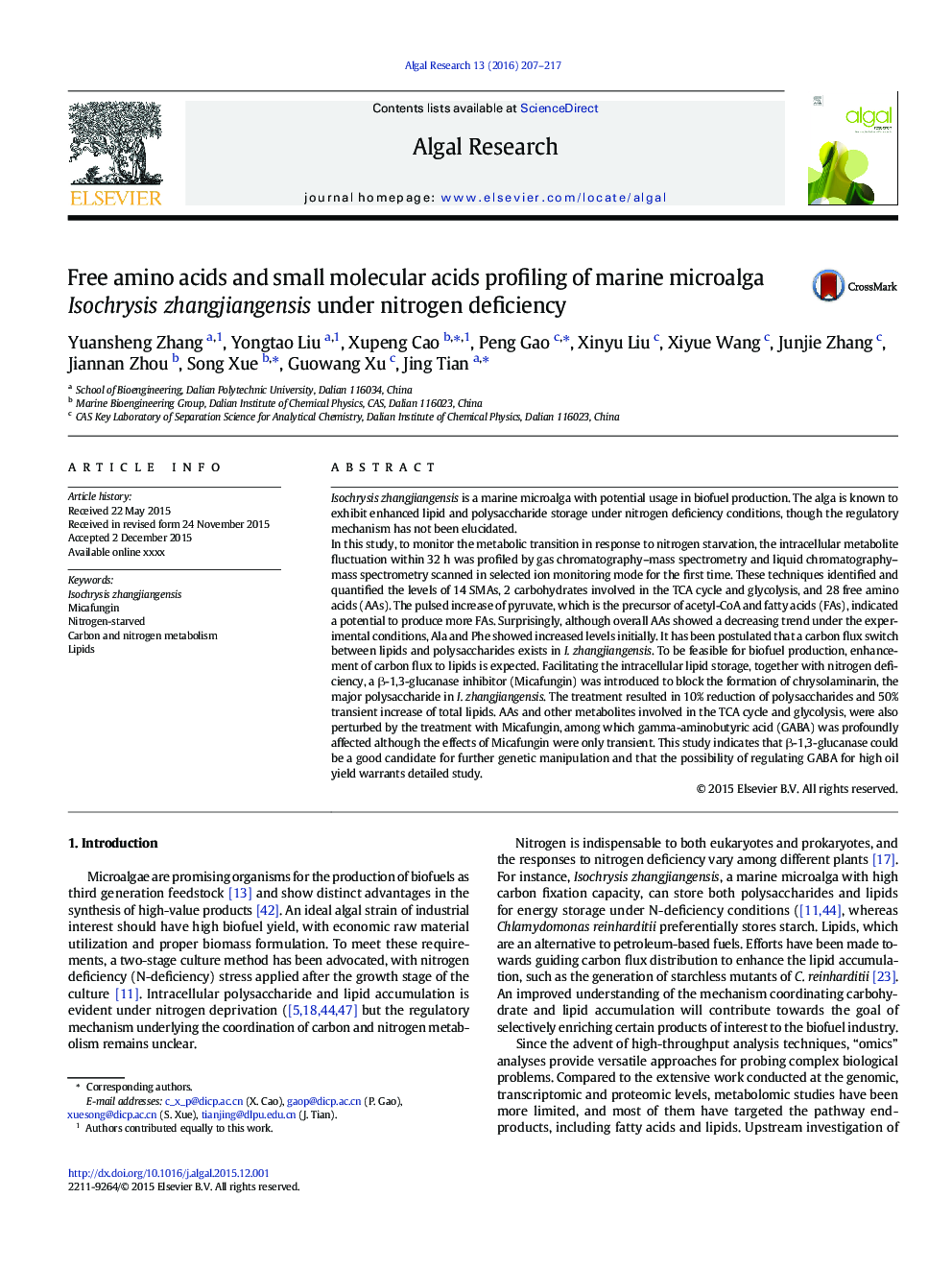 Free amino acids and small molecular acids profiling of marine microalga Isochrysis zhangjiangensis under nitrogen deficiency