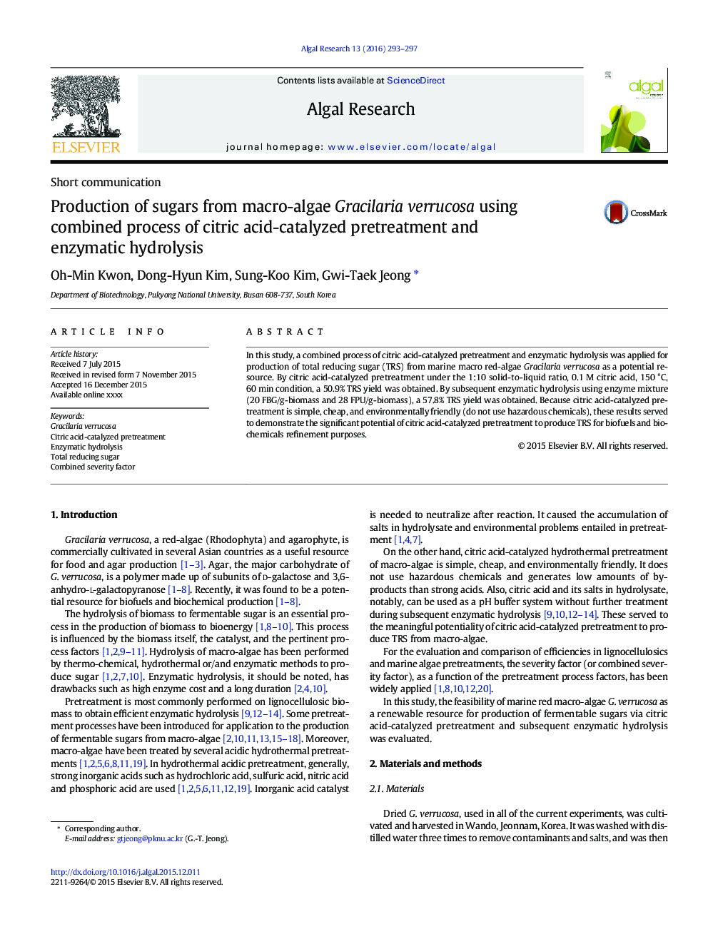 Production of sugars from macro-algae Gracilaria verrucosa using combined process of citric acid-catalyzed pretreatment and enzymatic hydrolysis