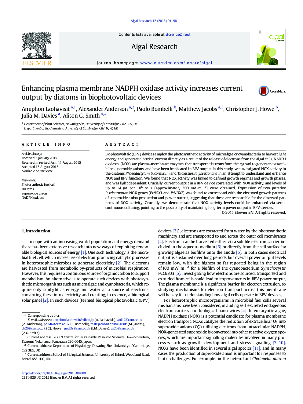 Enhancing plasma membrane NADPH oxidase activity increases current output by diatoms in biophotovoltaic devices