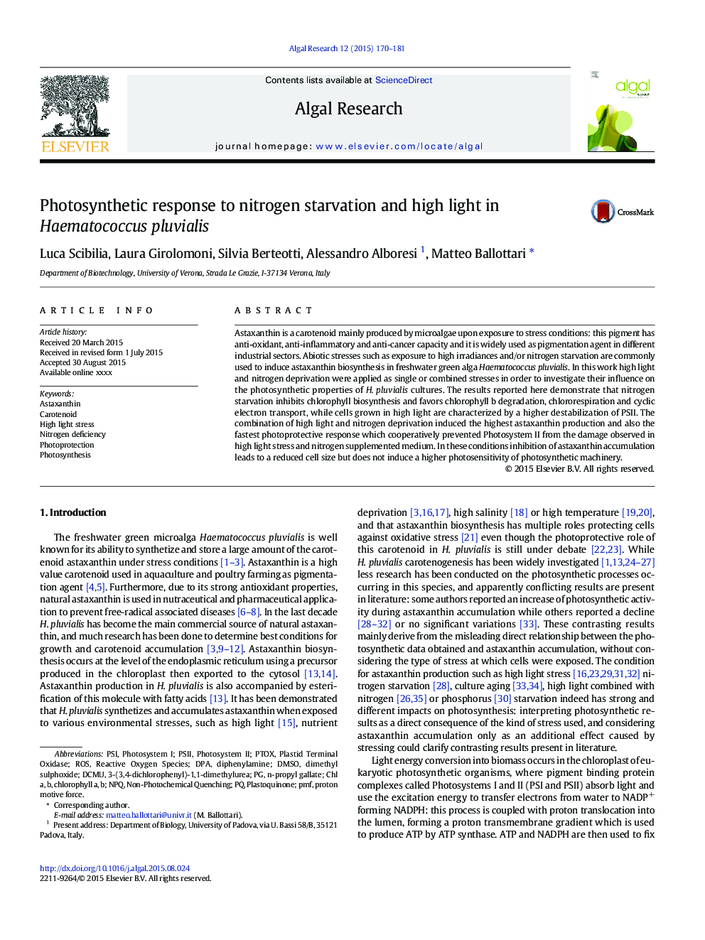 Photosynthetic response to nitrogen starvation and high light in Haematococcus pluvialis