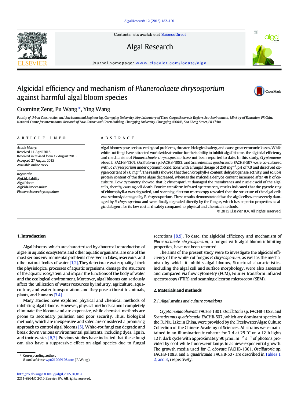 Algicidal efficiency and mechanism of Phanerochaete chrysosporium against harmful algal bloom species