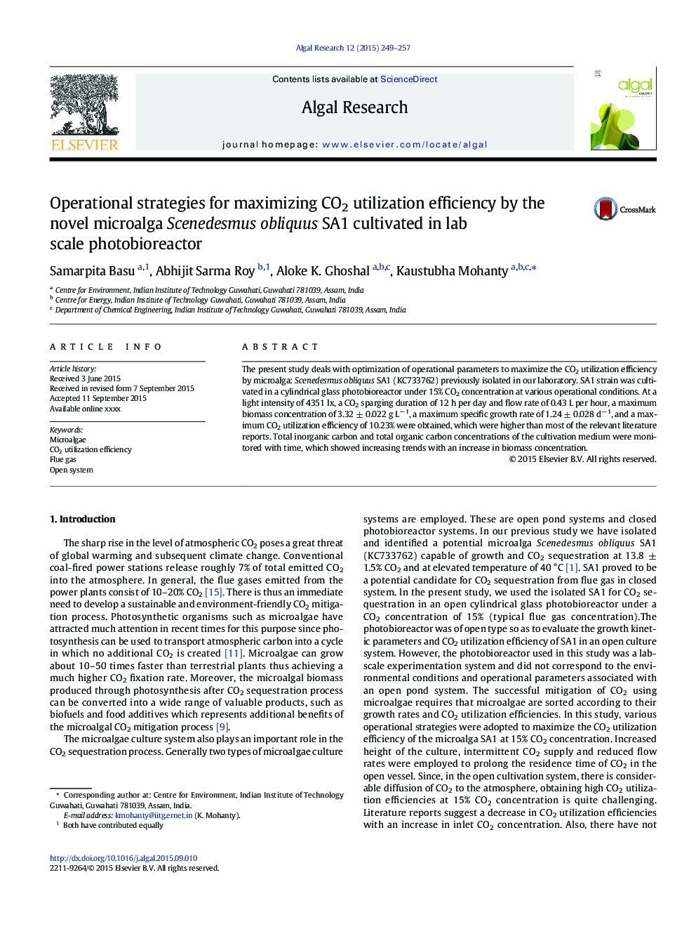 Operational strategies for maximizing CO2 utilization efficiency by the novel microalga Scenedesmus obliquus SA1 cultivated in lab scale photobioreactor