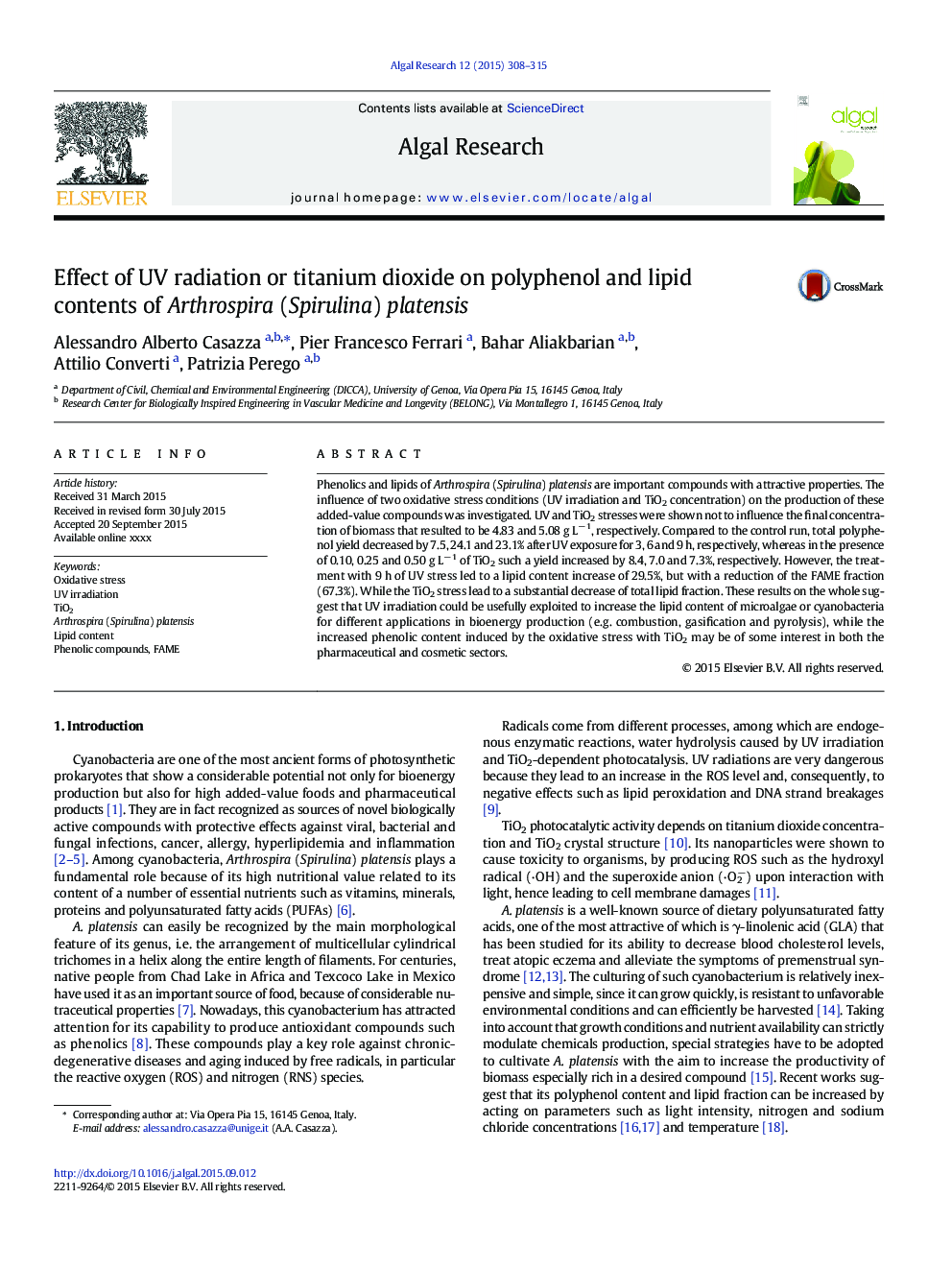 Effect of UV radiation or titanium dioxide on polyphenol and lipid contents of Arthrospira (Spirulina) platensis