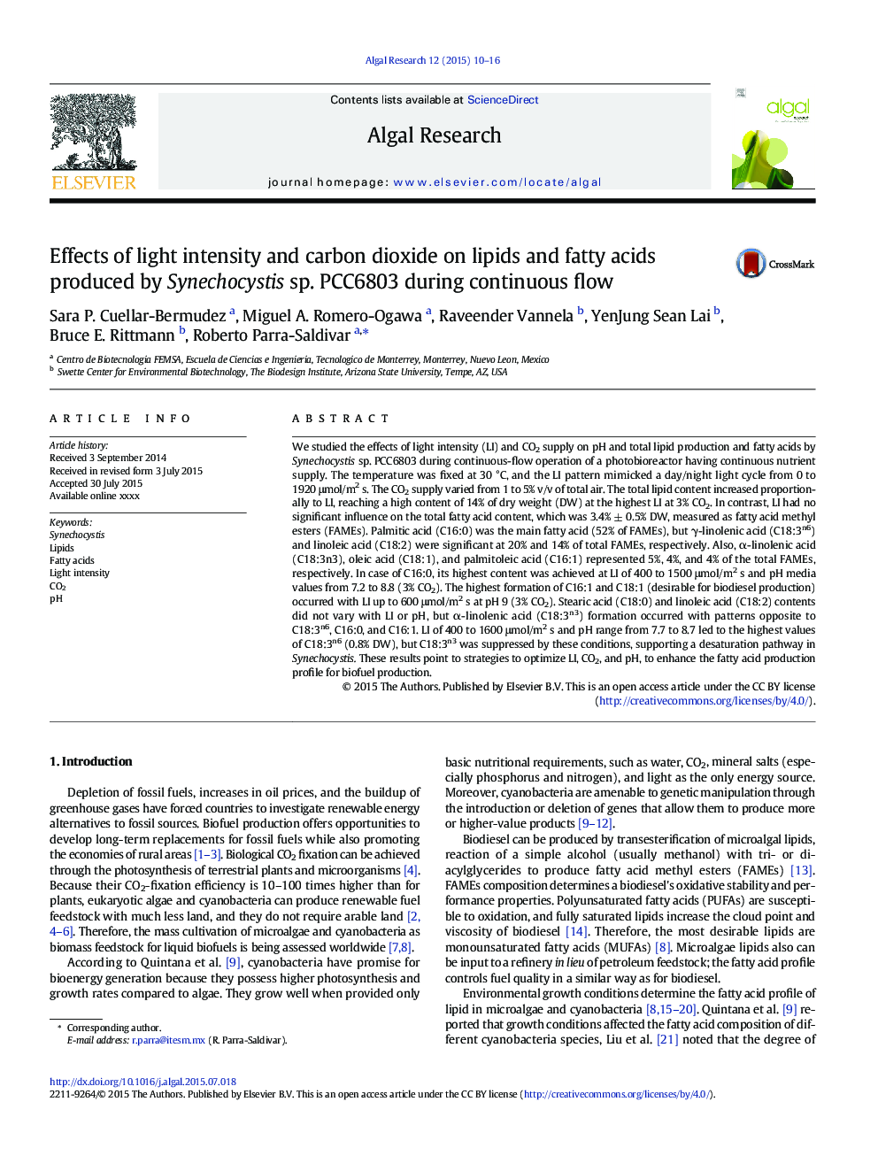 Effects of light intensity and carbon dioxide on lipids and fatty acids produced by Synechocystis sp. PCC6803 during continuous flow