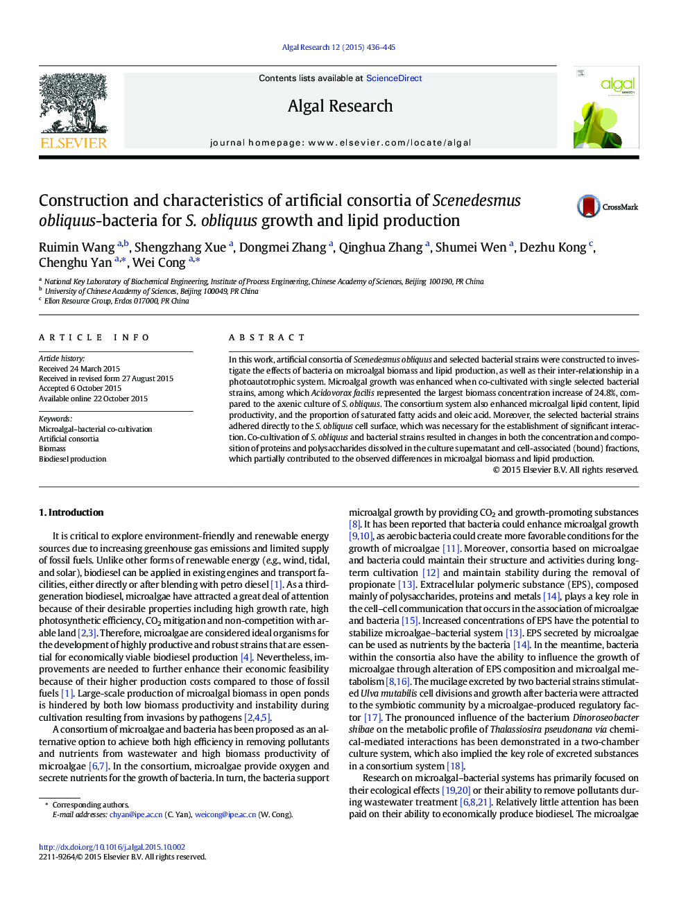 Construction and characteristics of artificial consortia of Scenedesmus obliquus-bacteria for S. obliquus growth and lipid production