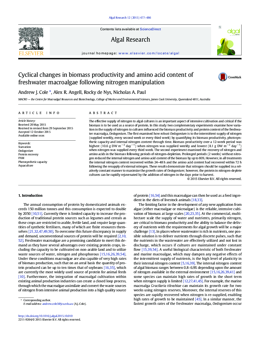 Cyclical changes in biomass productivity and amino acid content of freshwater macroalgae following nitrogen manipulation