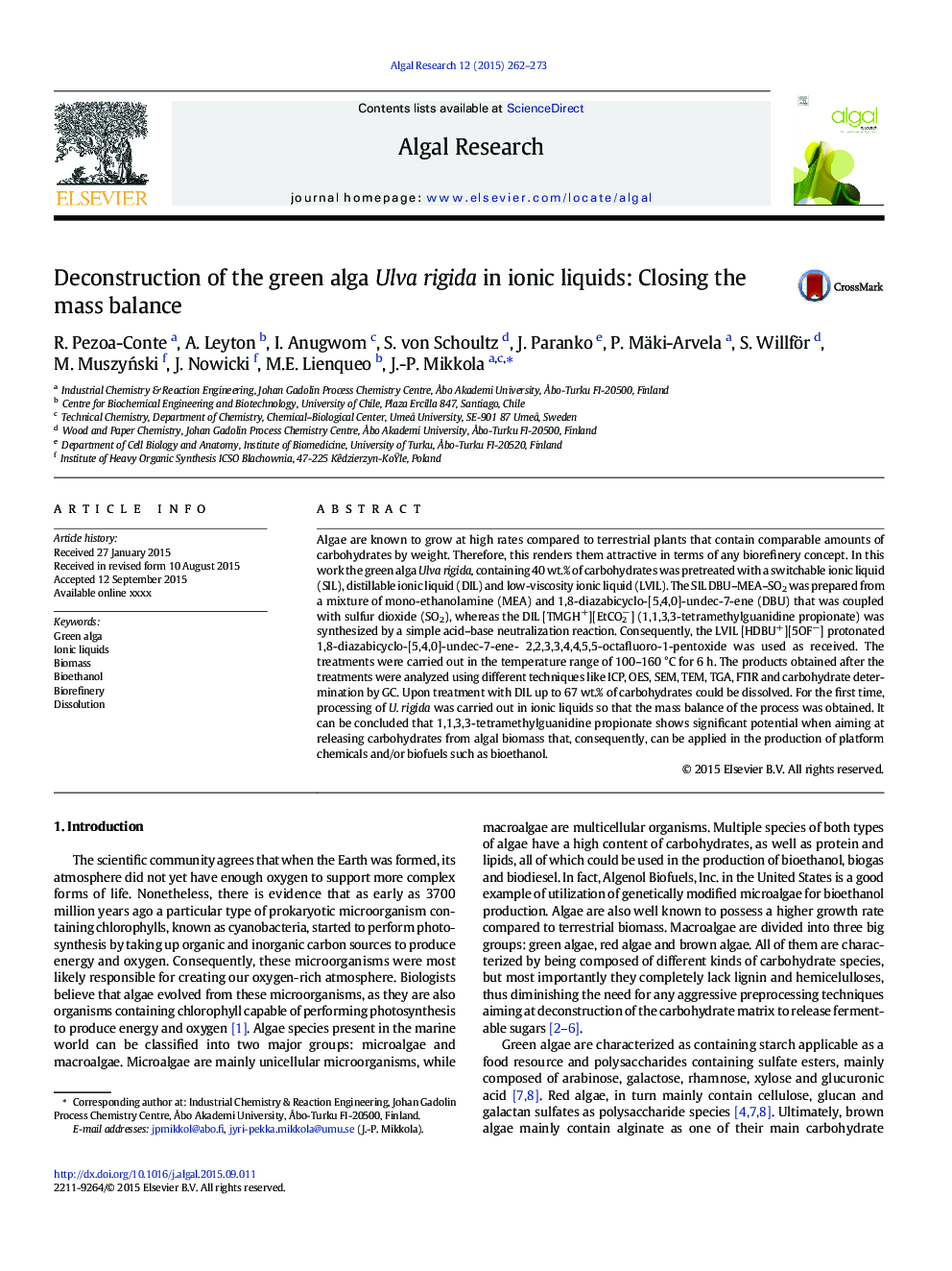 Deconstruction of the green alga Ulva rigida in ionic liquids: Closing the mass balance