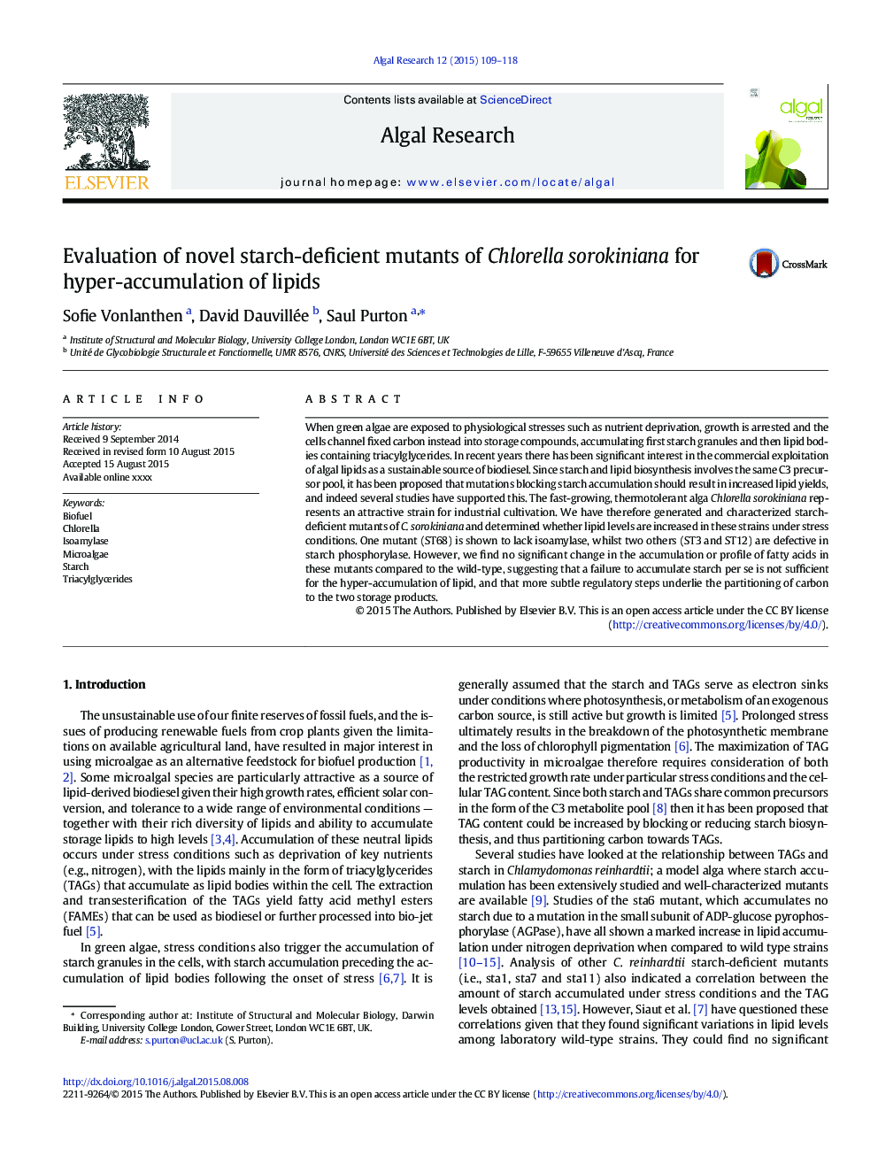 Evaluation of novel starch-deficient mutants of Chlorella sorokiniana for hyper-accumulation of lipids