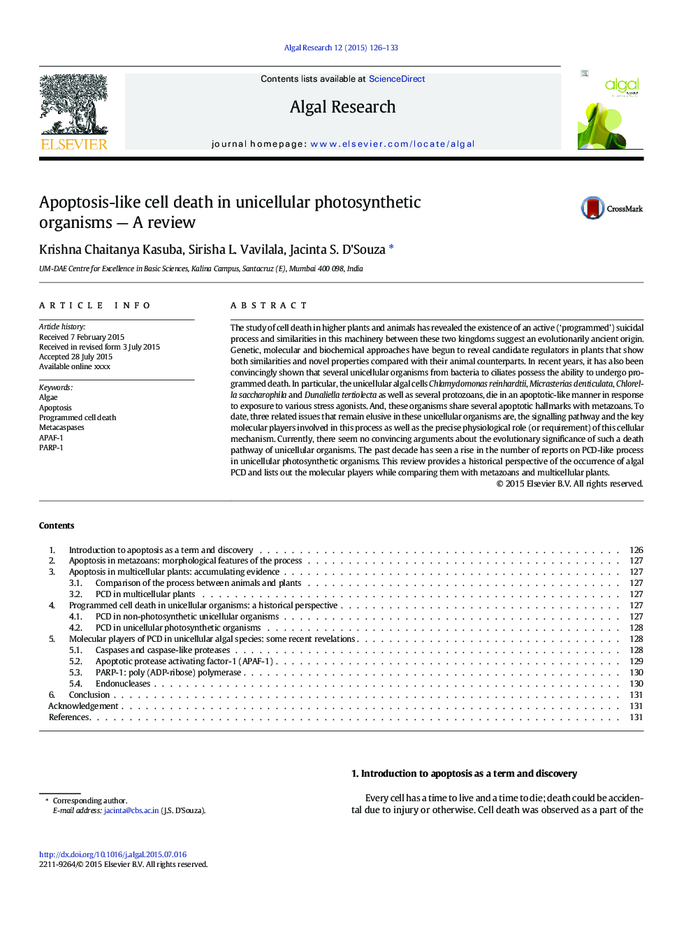 Apoptosis-like cell death in unicellular photosynthetic organisms - A review