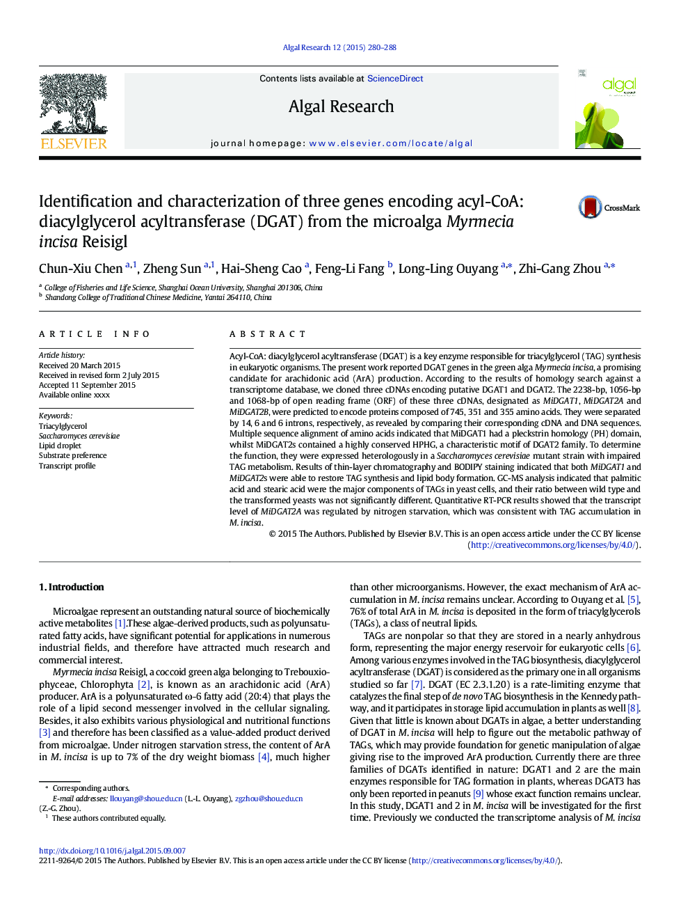 Identification and characterization of three genes encoding acyl-CoA: diacylglycerol acyltransferase (DGAT) from the microalga Myrmecia incisa Reisigl