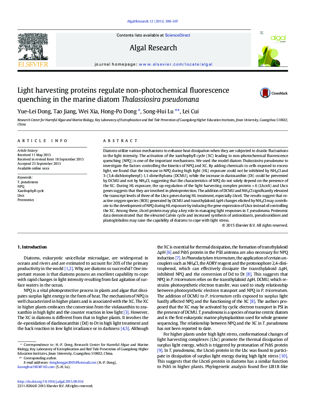 Light harvesting proteins regulate non-photochemical fluorescence quenching in the marine diatom Thalassiosira pseudonana