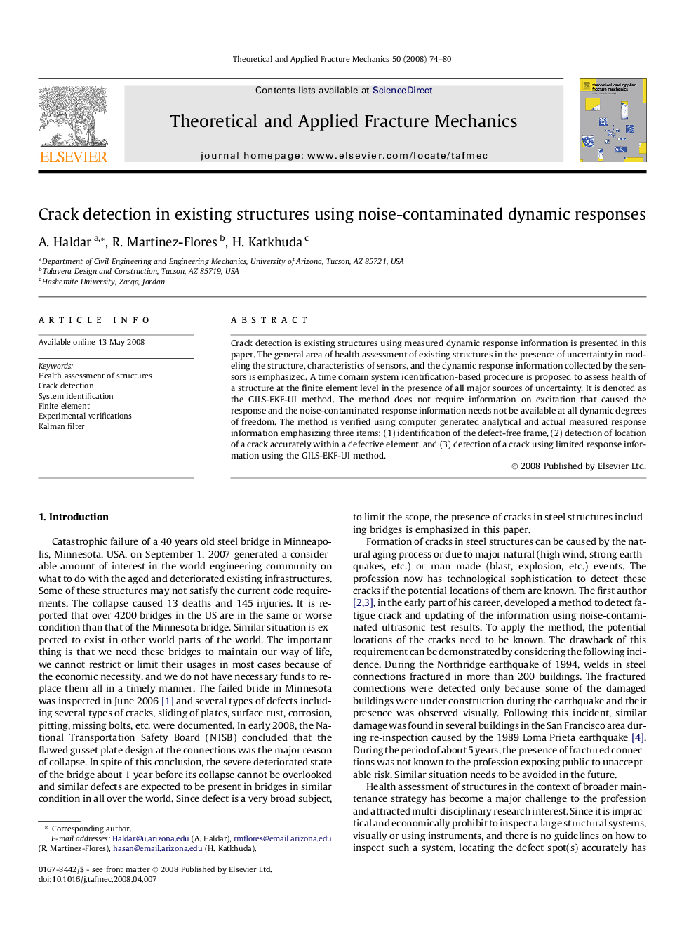 Crack detection in existing structures using noise-contaminated dynamic responses