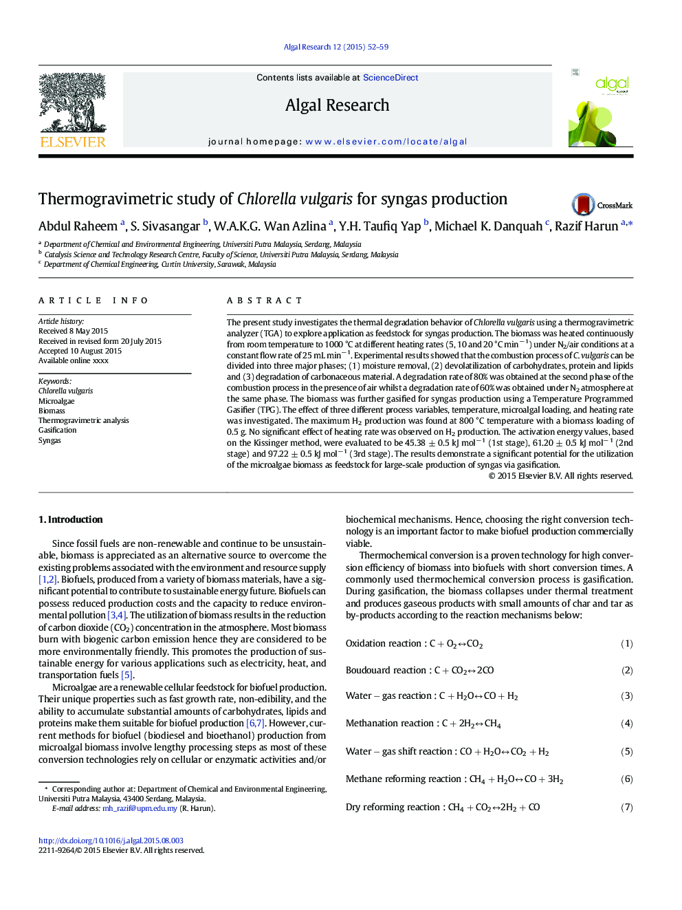 Thermogravimetric study of Chlorella vulgaris for syngas production