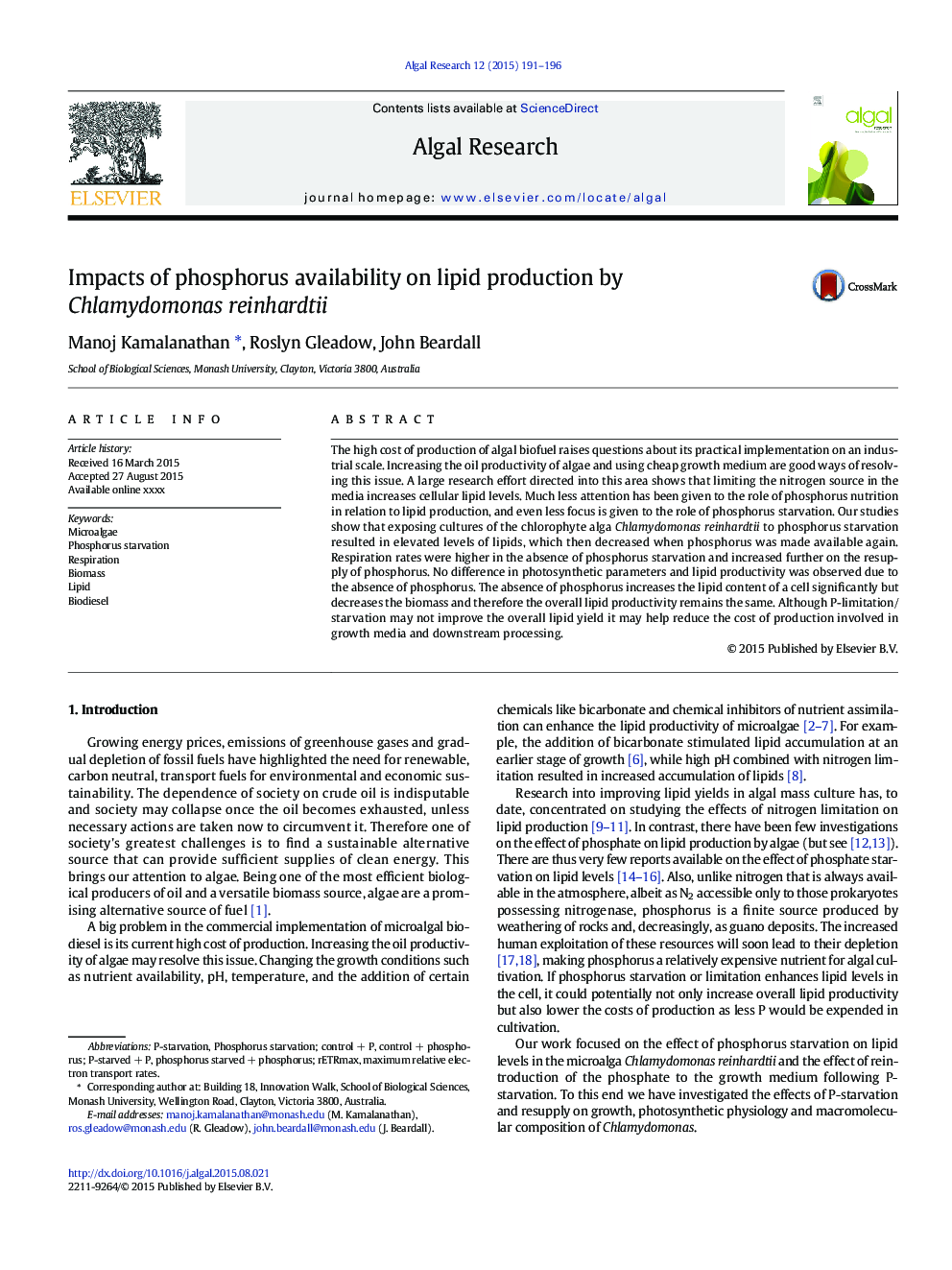 Impacts of phosphorus availability on lipid production by Chlamydomonas reinhardtii