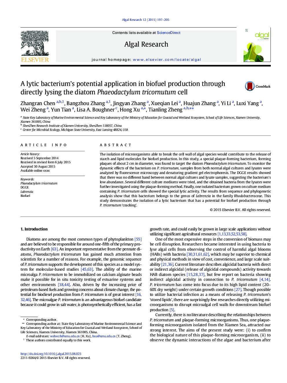 A lytic bacterium's potential application in biofuel production through directly lysing the diatom Phaeodactylum tricornutum cell