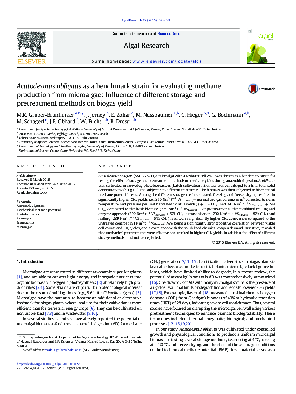 Acutodesmus obliquus as a benchmark strain for evaluating methane production from microalgae: Influence of different storage and pretreatment methods on biogas yield