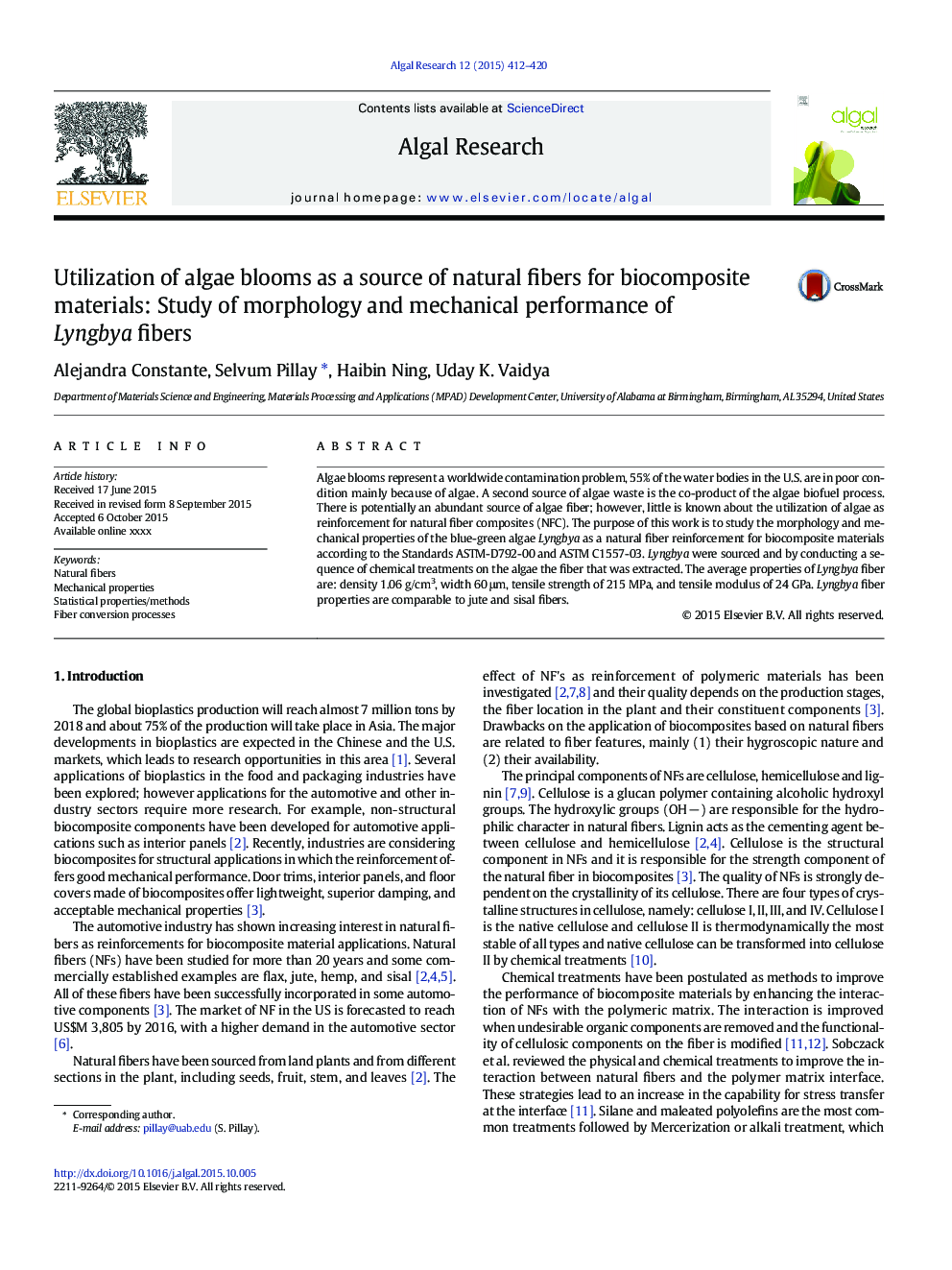 Utilization of algae blooms as a source of natural fibers for biocomposite materials: Study of morphology and mechanical performance of Lyngbya fibers