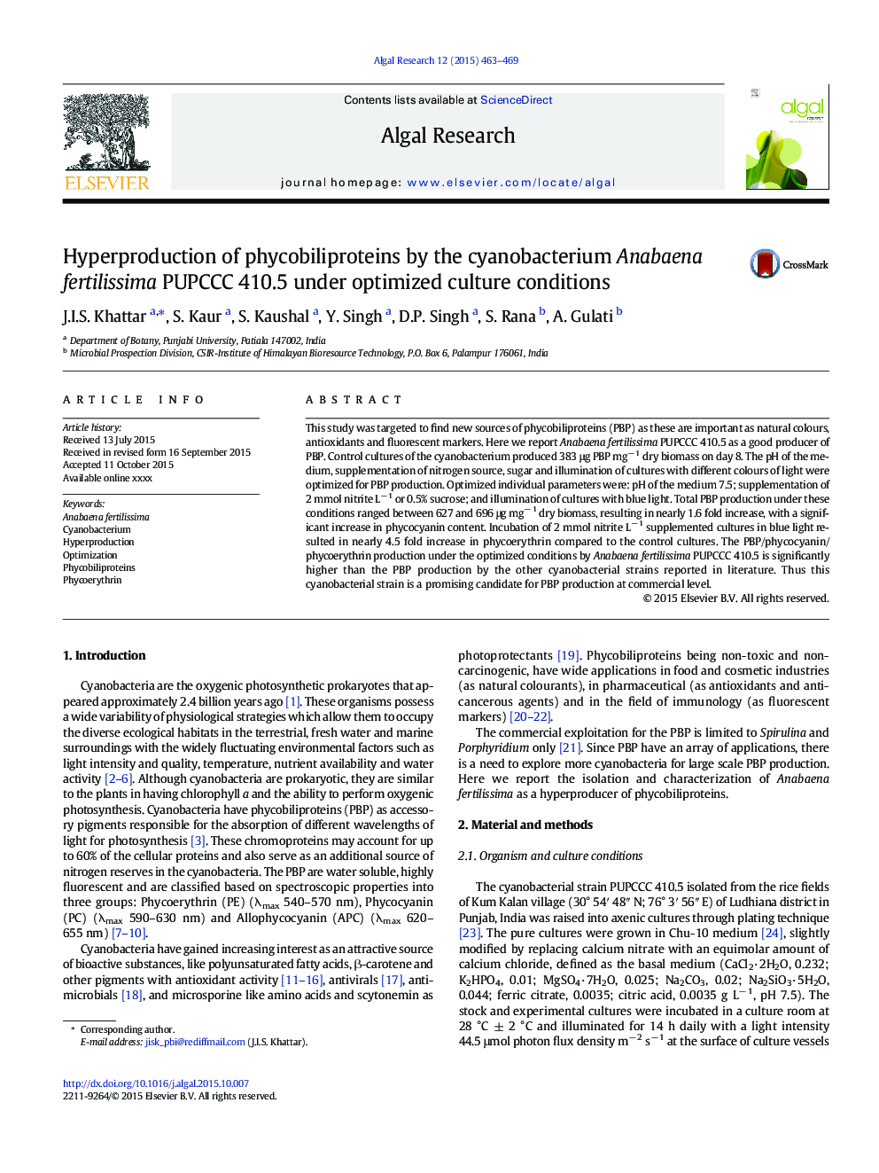 Hyperproduction of phycobiliproteins by the cyanobacterium Anabaena fertilissima PUPCCC 410.5 under optimized culture conditions