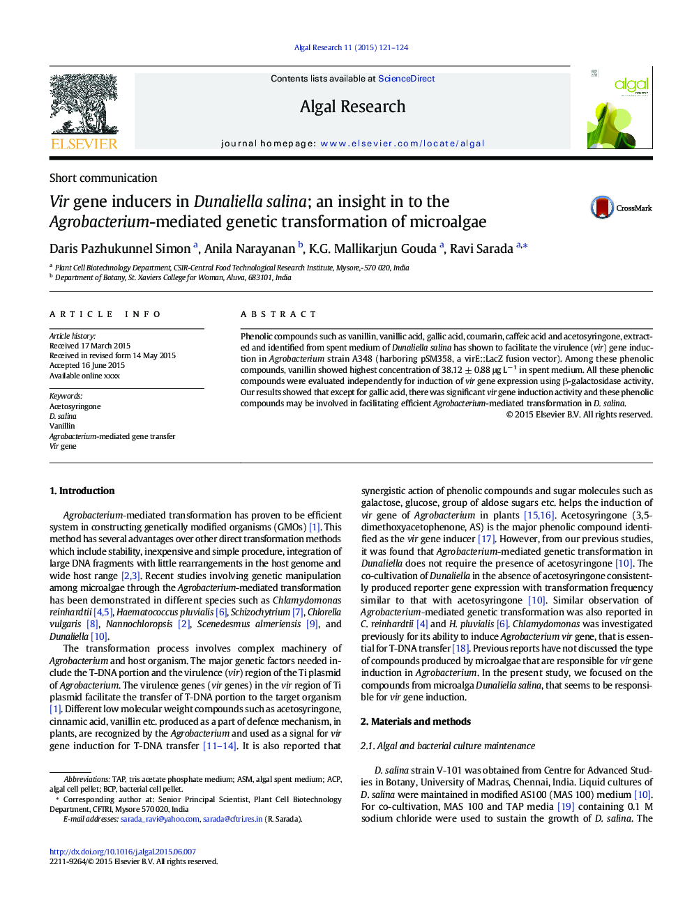 Vir gene inducers in Dunaliella salina; an insight in to the Agrobacterium-mediated genetic transformation of microalgae
