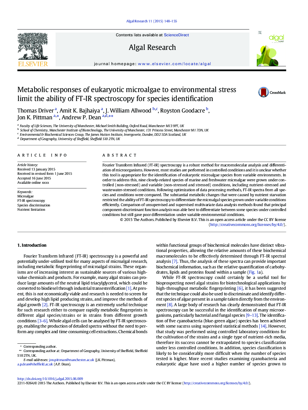 Metabolic responses of eukaryotic microalgae to environmental stress limit the ability of FT-IR spectroscopy for species identification