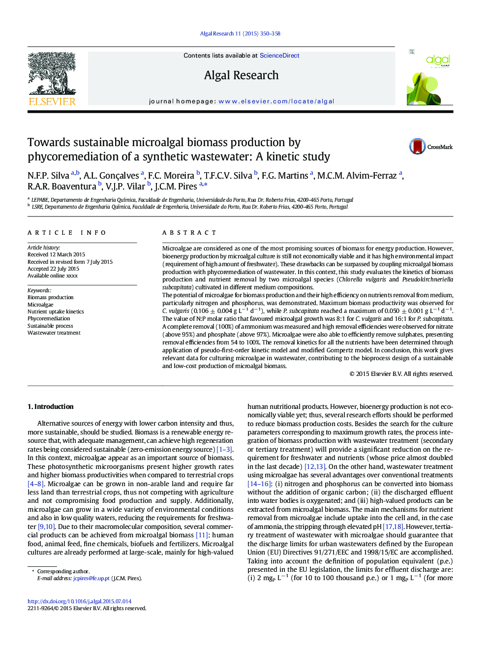 Towards sustainable microalgal biomass production by phycoremediation of a synthetic wastewater: A kinetic study