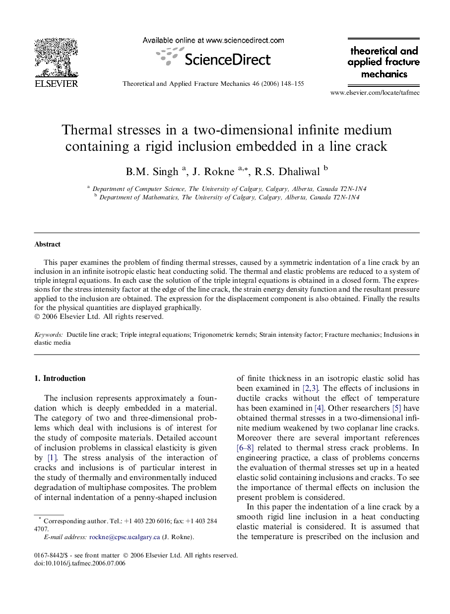 Thermal stresses in a two-dimensional infinite medium containing a rigid inclusion embedded in a line crack