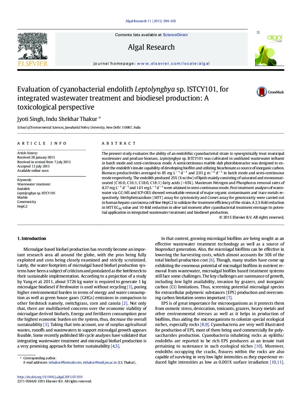 Evaluation of cyanobacterial endolith Leptolyngbya sp. ISTCY101, for integrated wastewater treatment and biodiesel production: A toxicological perspective