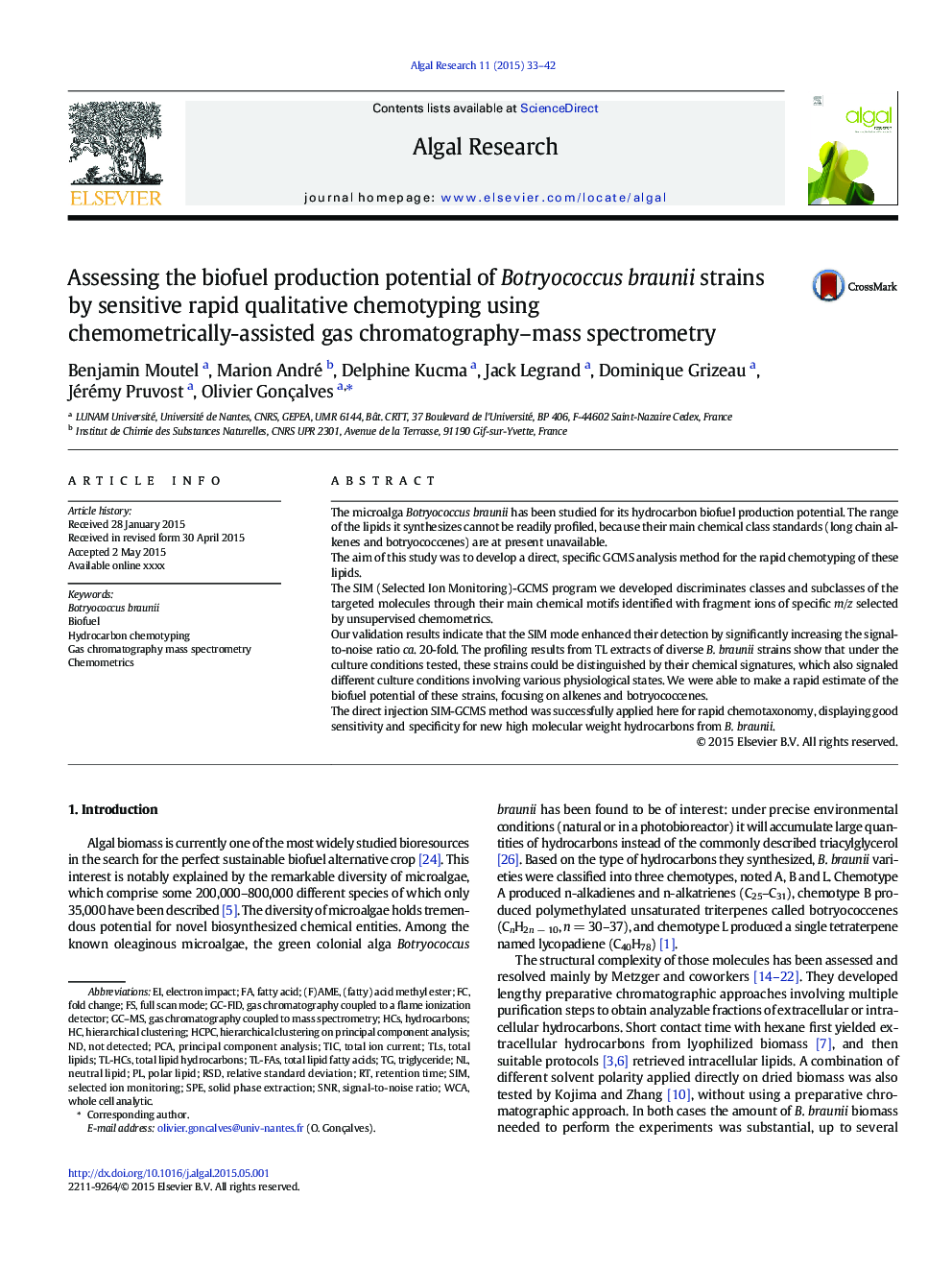 Assessing the biofuel production potential of Botryococcus braunii strains by sensitive rapid qualitative chemotyping using chemometrically-assisted gas chromatography-mass spectrometry