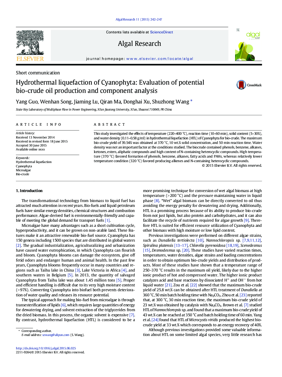 Hydrothermal liquefaction of Cyanophyta: Evaluation of potential bio-crude oil production and component analysis