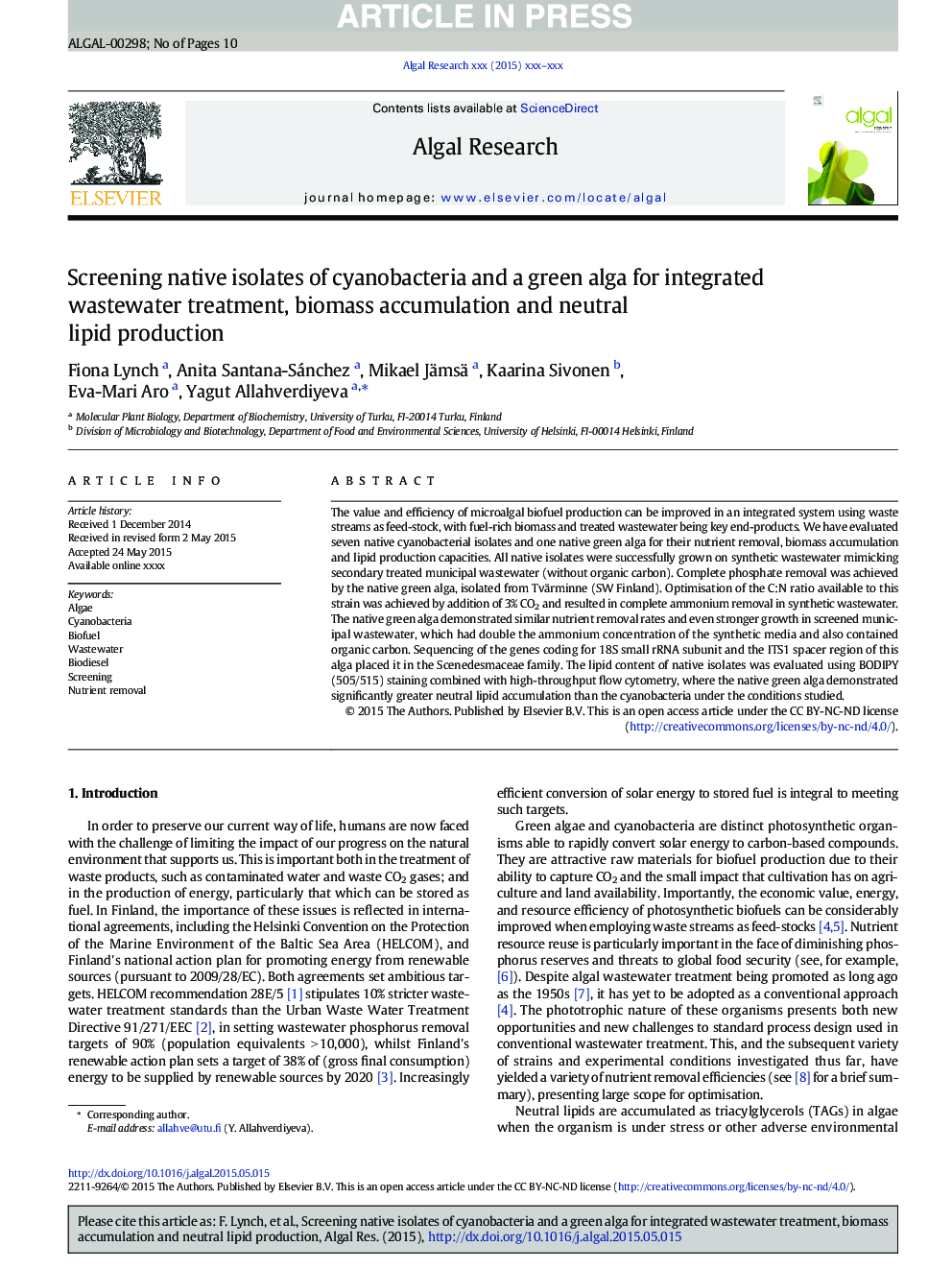 Screening native isolates of cyanobacteria and a green alga for integrated wastewater treatment, biomass accumulation and neutral lipid production