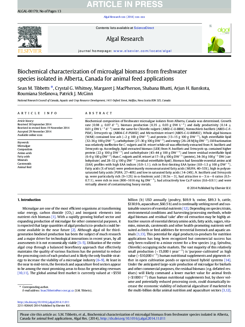 Biochemical characterization of microalgal biomass from freshwater species isolated in Alberta, Canada for animal feed applications