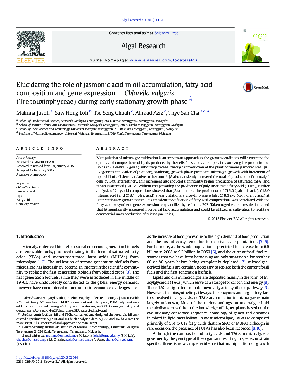 Elucidating the role of jasmonic acid in oil accumulation, fatty acid composition and gene expression in Chlorella vulgaris (Trebouxiophyceae) during early stationary growth phase