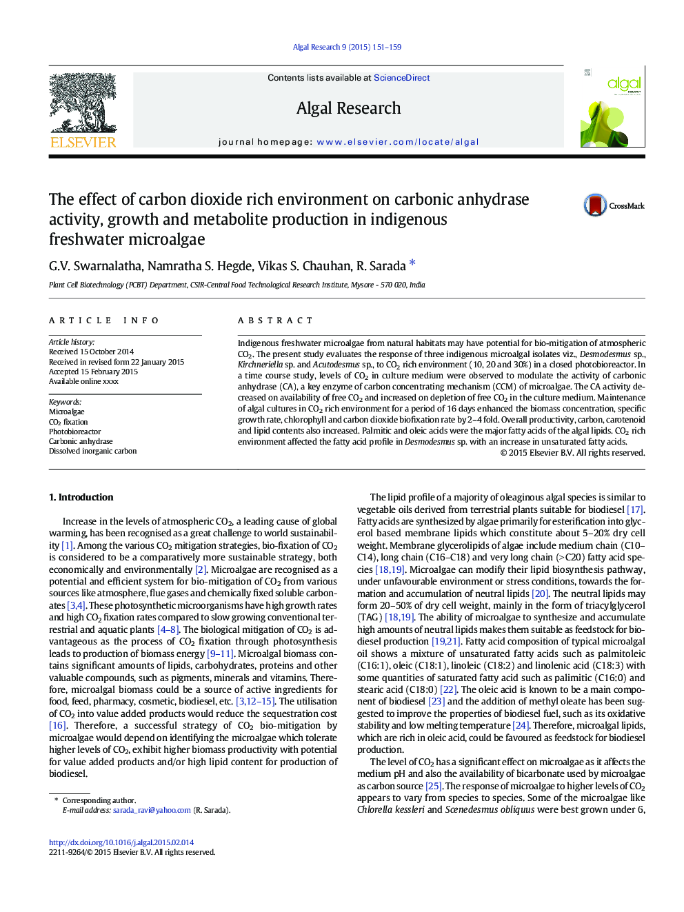 The effect of carbon dioxide rich environment on carbonic anhydrase activity, growth and metabolite production in indigenous freshwater microalgae