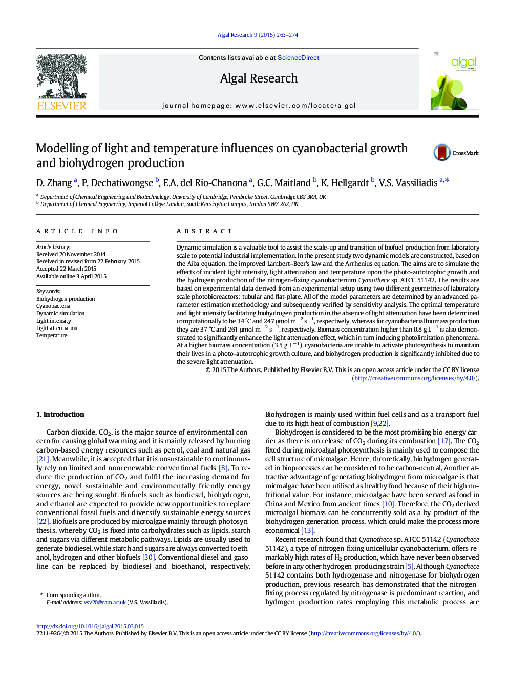 Modelling of light and temperature influences on cyanobacterial growth and biohydrogen production