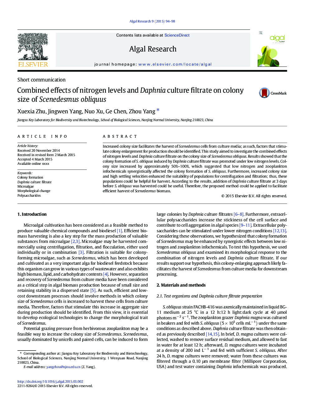 Combined effects of nitrogen levels and Daphnia culture filtrate on colony size of Scenedesmus obliquus