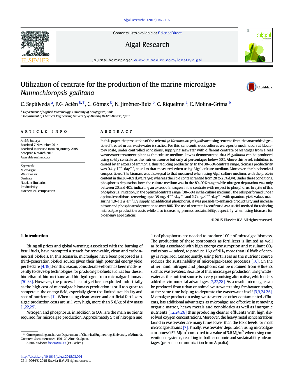 Utilization of centrate for the production of the marine microalgae Nannochloropsis gaditana