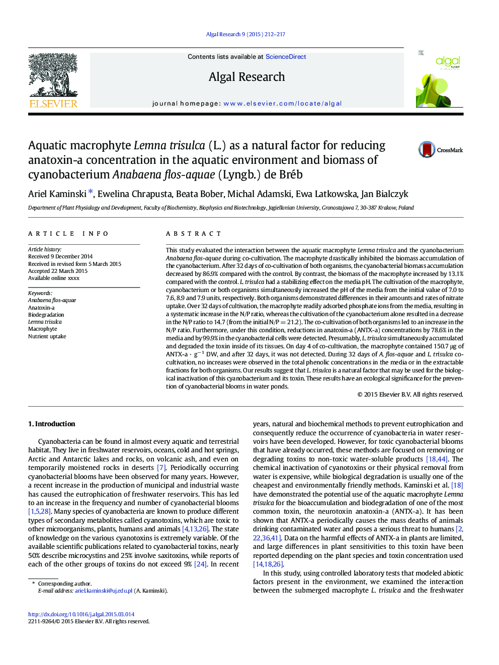 Aquatic macrophyte Lemna trisulca (L.) as a natural factor for reducing anatoxin-a concentration in the aquatic environment and biomass of cyanobacterium Anabaena flos-aquae (Lyngb.) de Bréb