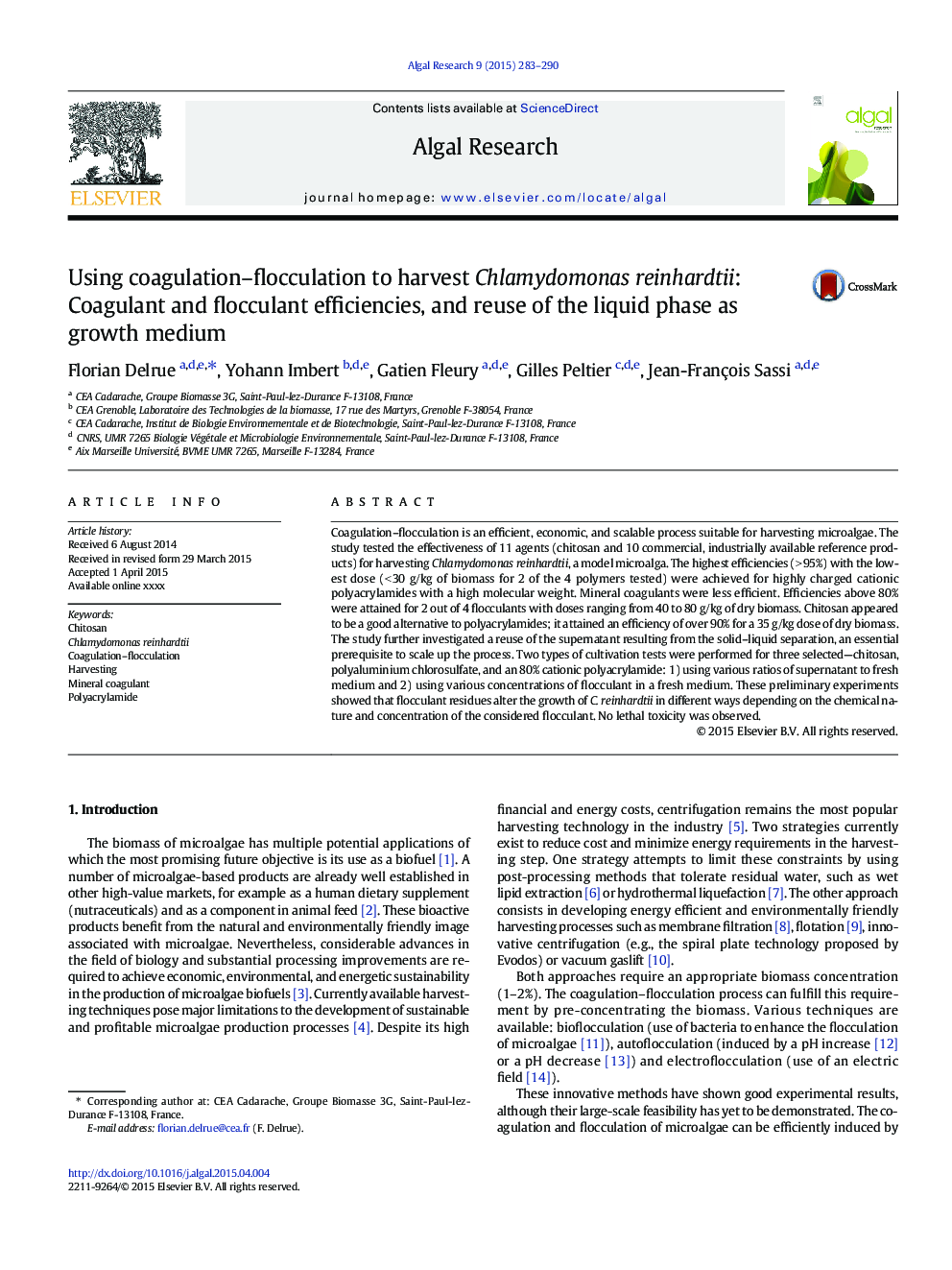 Using coagulation-flocculation to harvest Chlamydomonas reinhardtii: Coagulant and flocculant efficiencies, and reuse of the liquid phase as growth medium